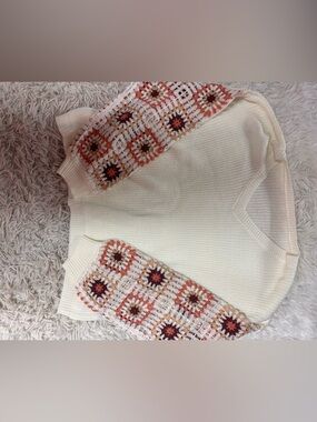 Cream Crochet-Sleeve Women’s Sweater